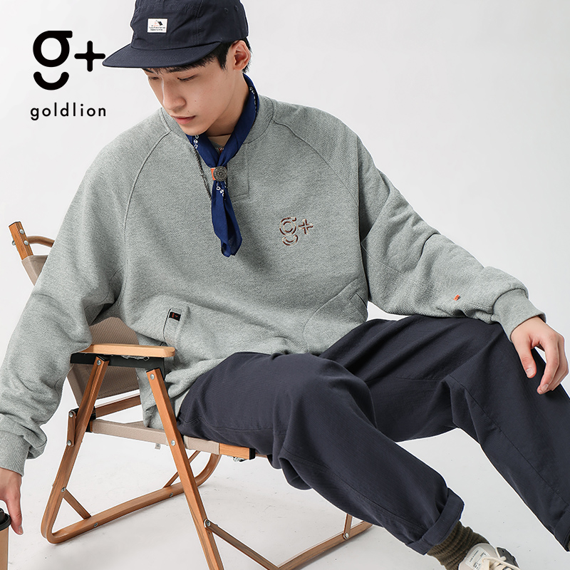 goldlion ggoldlion g320G平纹面料山系原创刺绣情侣套头宽松卫衣-图1