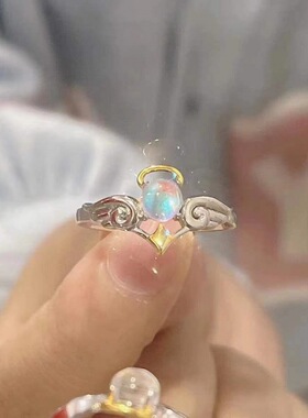 天使恶魔戒指镀银月光石简约情侣