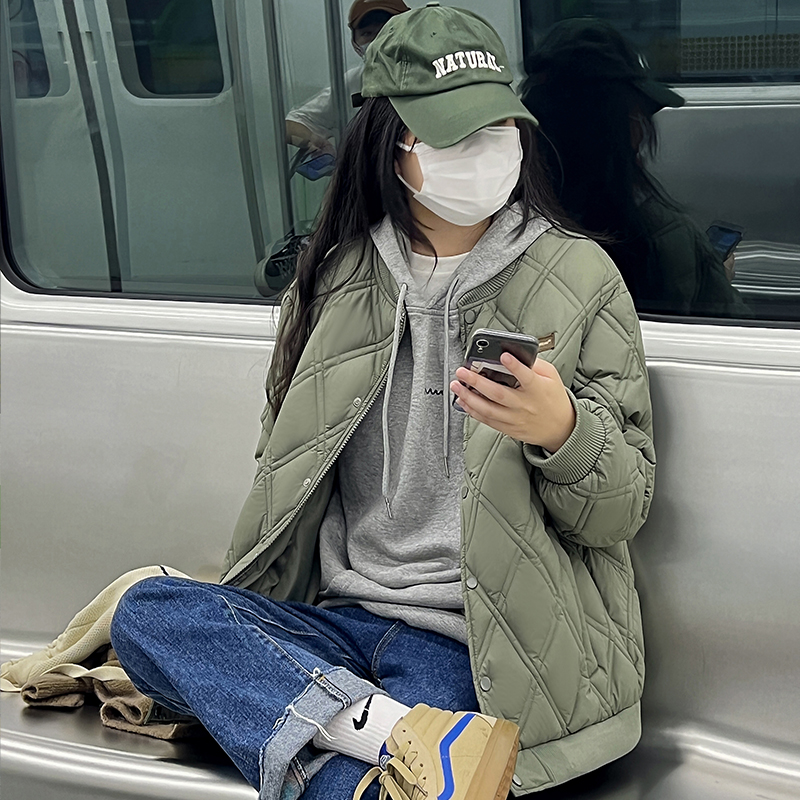 棉服女短款新款加厚棉袄棒球服冬外套小众设计感菱格oversize棉衣 - 图0