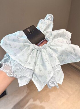 淑女甜美设计浅蓝色碎花蕾丝花边方巾发圈女小众低马尾发饰