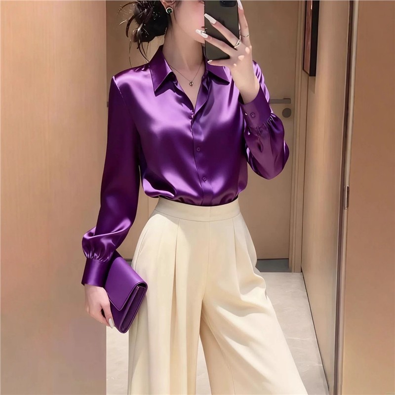 251037新款紫色真丝衬衫女长袖翻领通勤职业装高级感气质上衣 - 图0