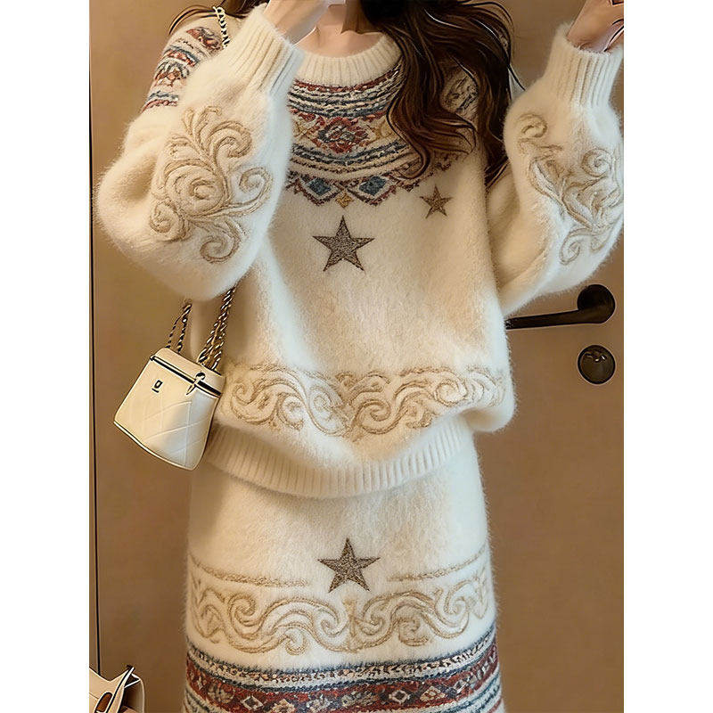 费尔岛风针织套装女秋冬慵懒风提花毛衣半身裙两件套小个子穿搭,淘宝优惠券,粉丝福利购,淘宝优惠卷