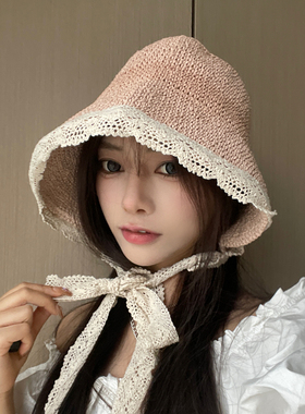 蕾丝绑带渔夫帽甜美防晒遮阳帽