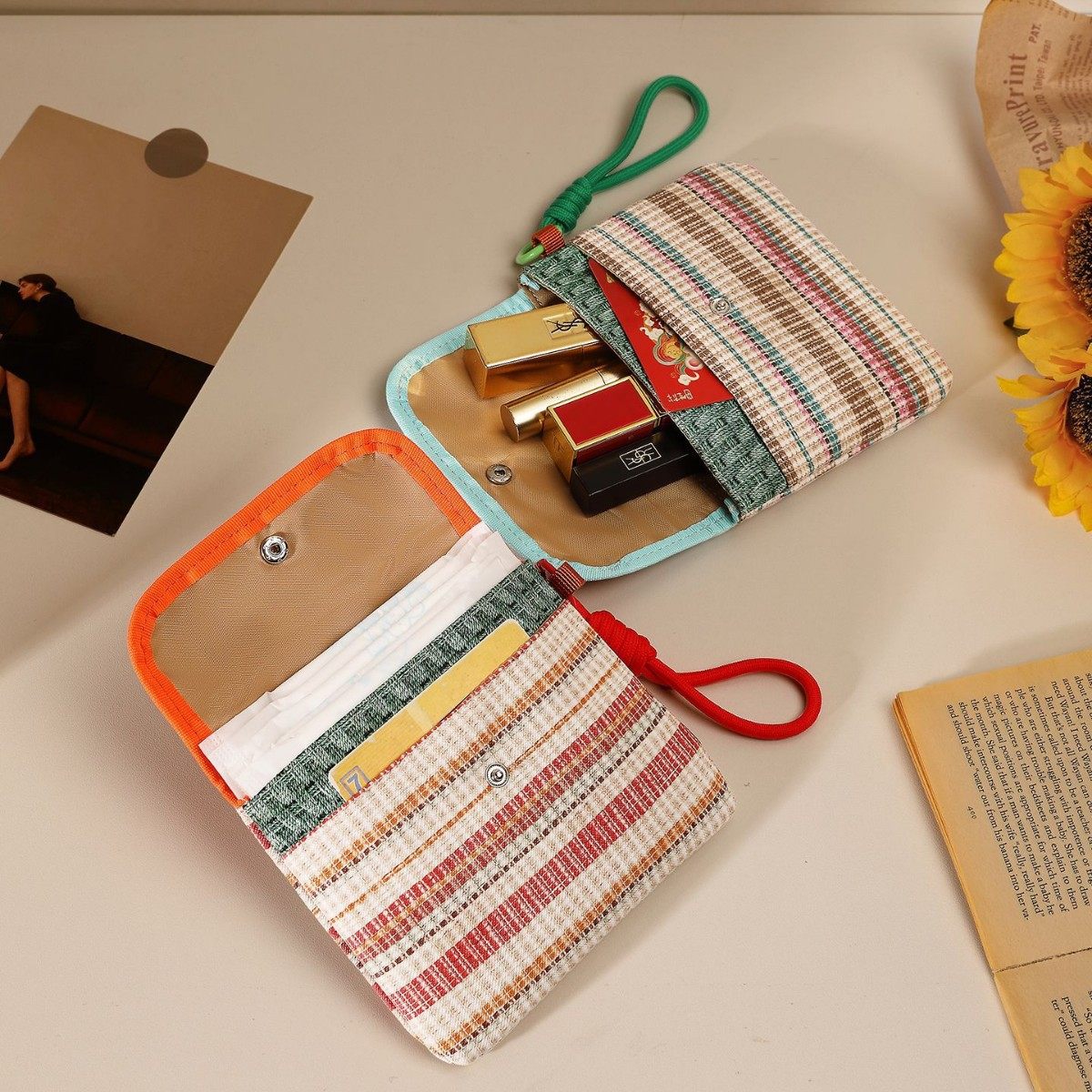 撞色大容量证件包高颜值卫生巾收纳包学生便携布艺条纹口红零钱包,淘宝优惠券,粉丝福利购,淘宝优惠卷