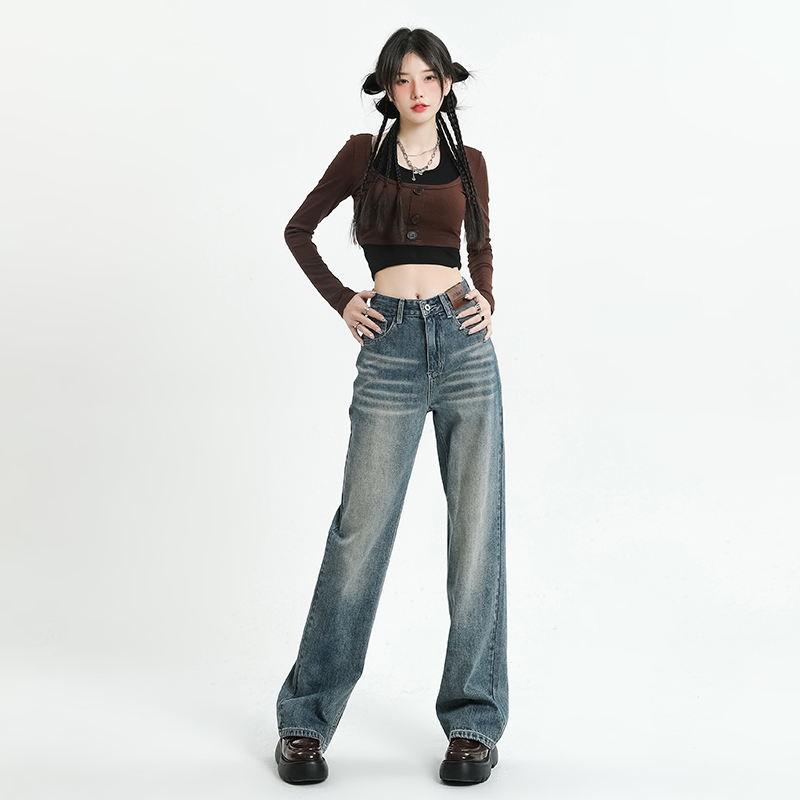 kro复古做旧水洗高腰直筒牛仔裤 KRO牛仔裤