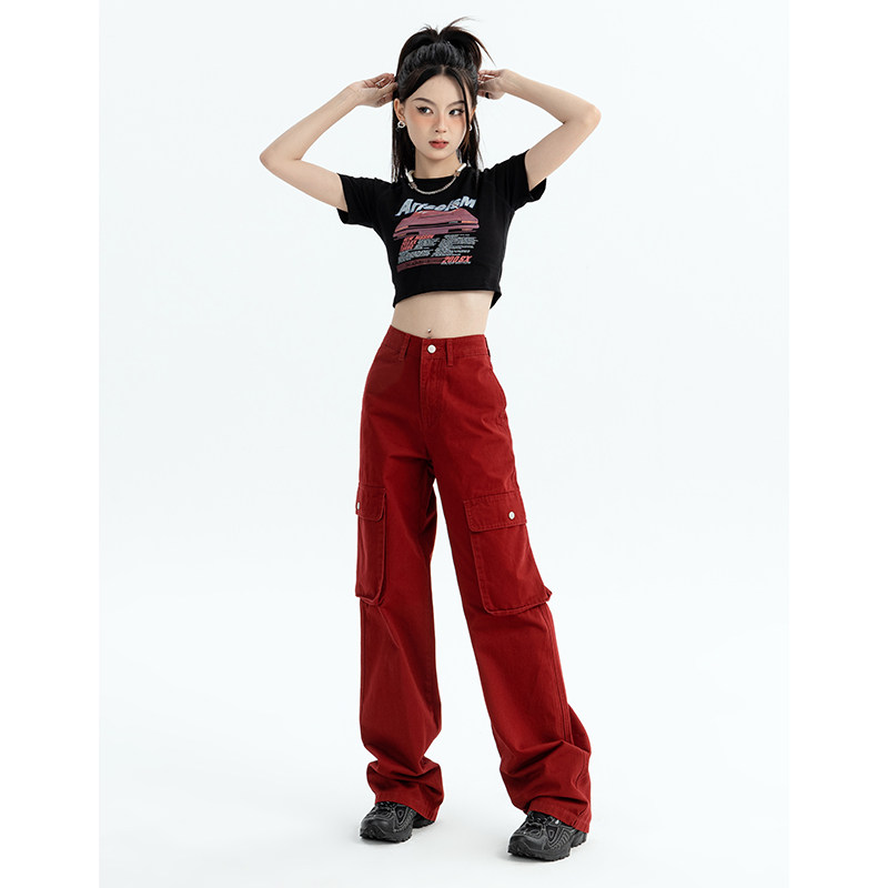 kro红色美式女2023新款辣妹工装裤 KRO休闲裤