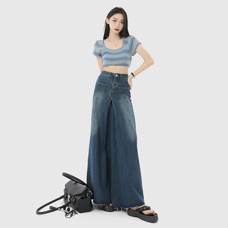 kro毛边复古2023春新款牛仔裤裙 KRO牛仔裤