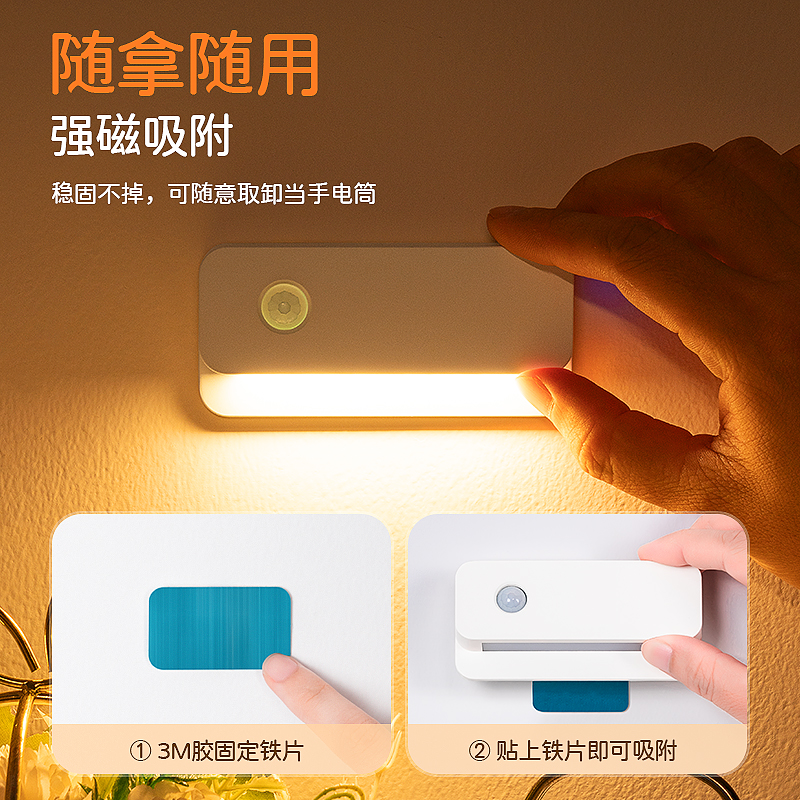 侧发光智能人体自动感应灯楼梯过道磁吸免布线起夜充电小夜灯玄关