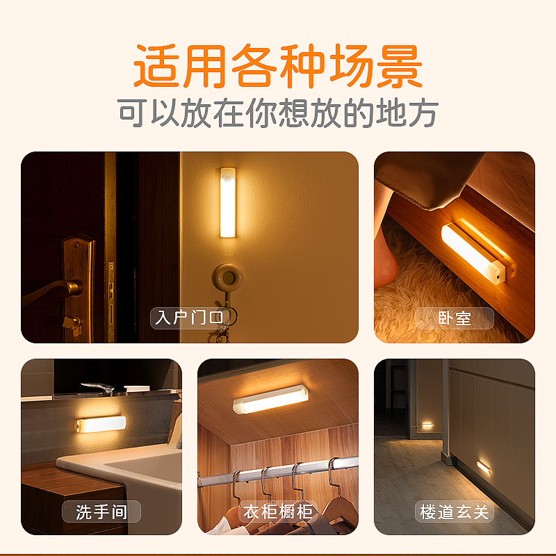 玄关人体自动感应灯人来即亮人走即灭鞋柜衣柜入门智能小夜灯充电