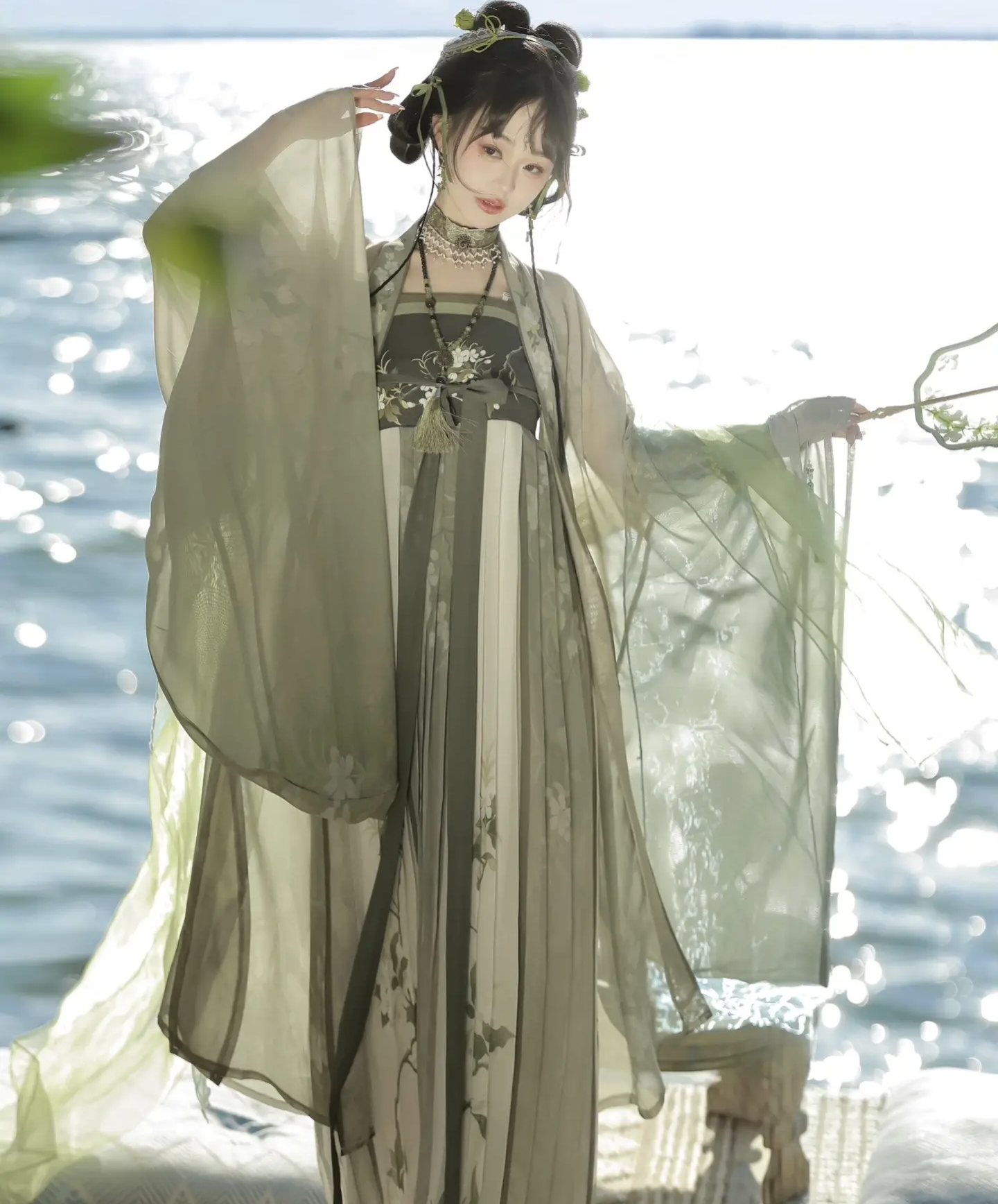 原创汉服女【夏知意】唐制刺绣齐胸诃子裙大袖衫绿色古风套装夏款,淘宝优惠券,粉丝福利购,淘宝优惠卷