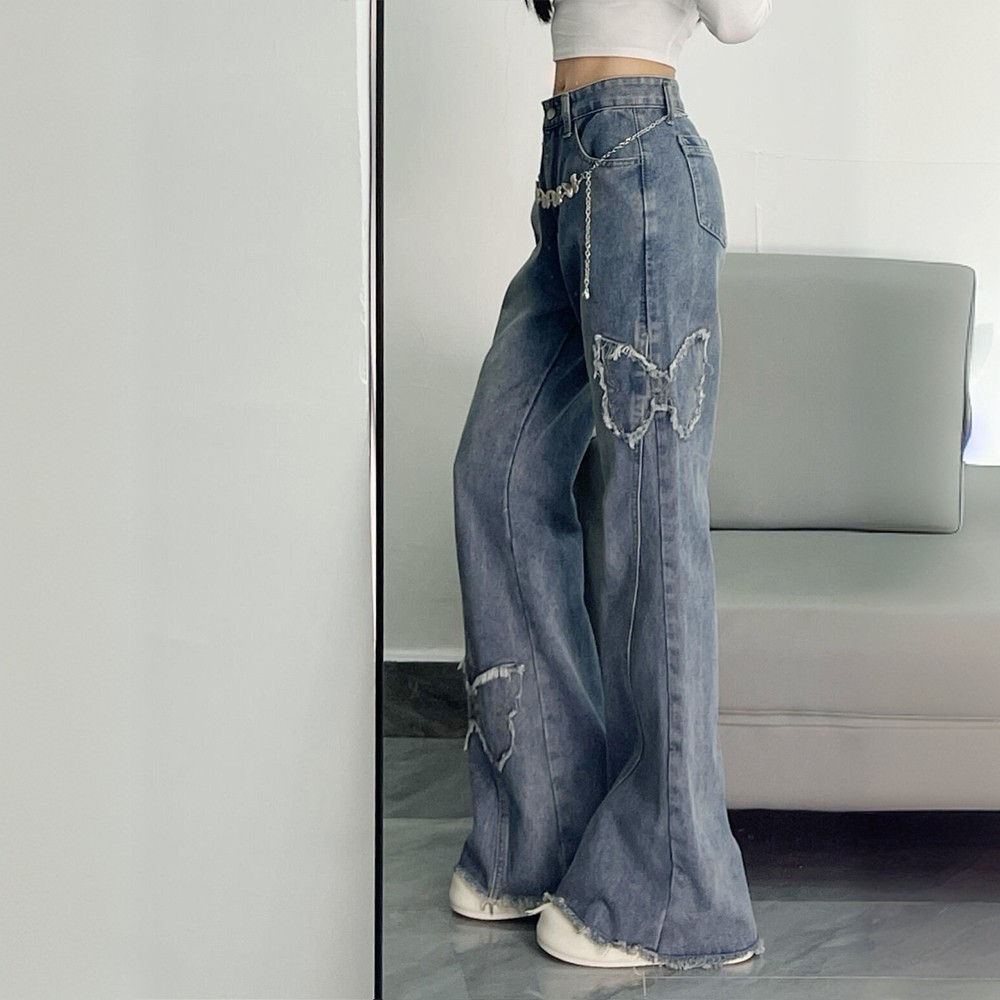 特大码美式蝴蝶刺绣微喇牛仔裤女胖mm学生女裤子高腰显瘦喇叭长裤,淘宝优惠券,粉丝福利购,淘宝优惠卷