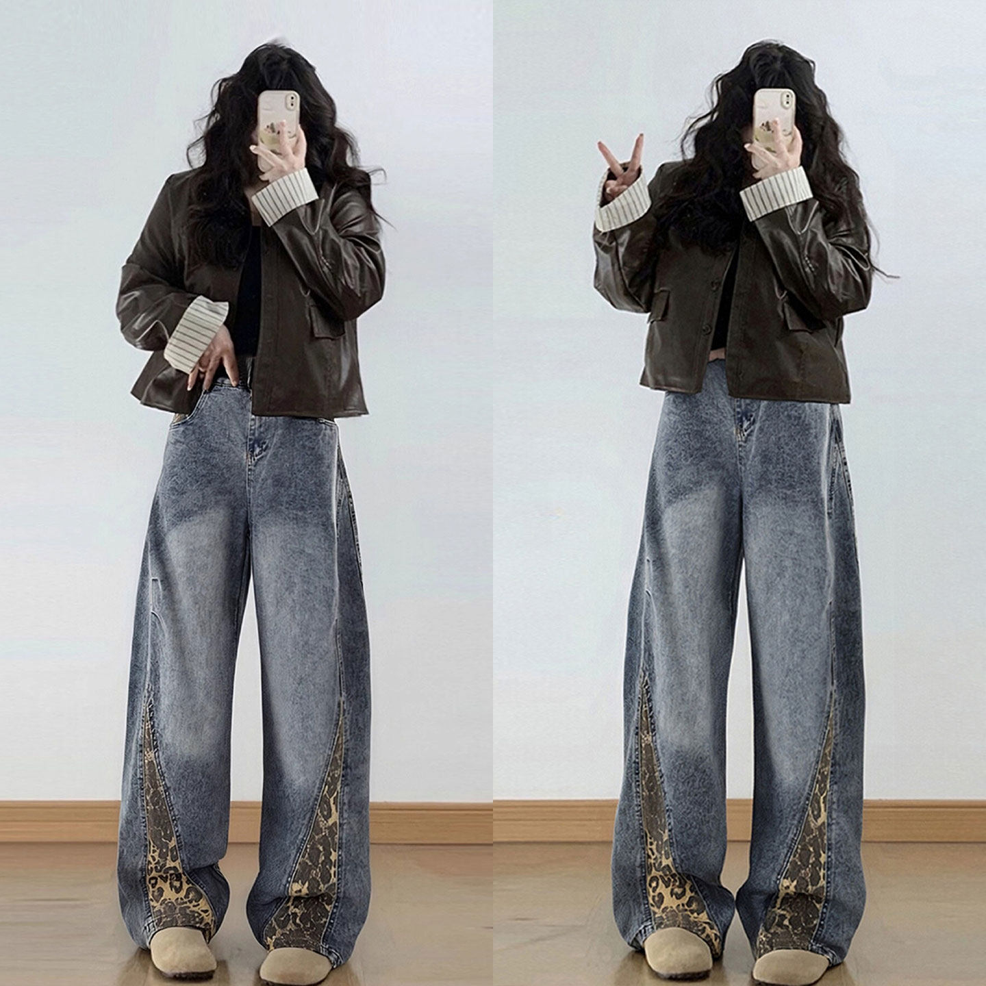 大码女装美式高街蓝色牛仔裤女胖mm豹纹拼接高腰宽松显瘦阔腿裤子,淘宝优惠券,粉丝福利购,淘宝优惠卷