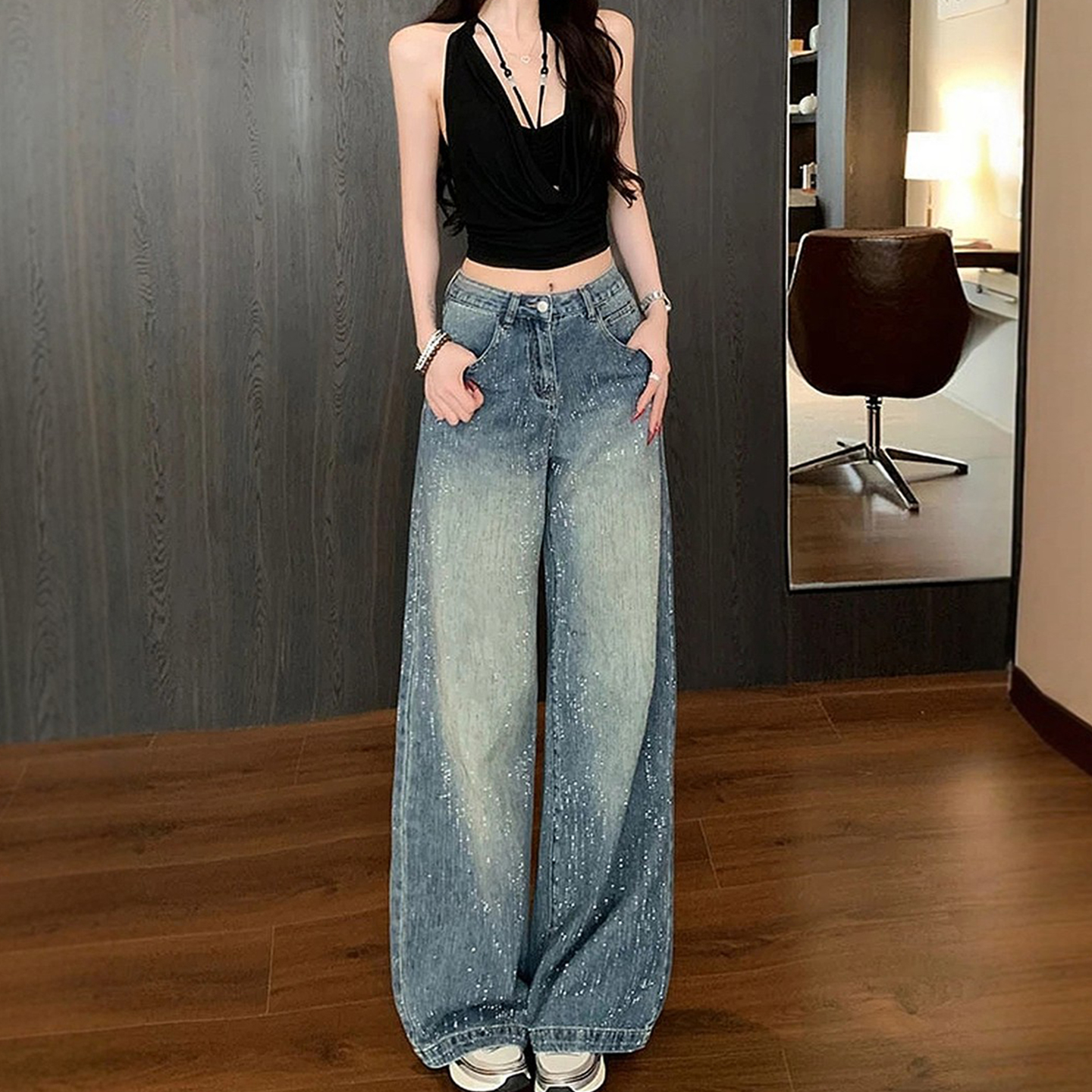 胖mm特大码满天星烫钻阔腿牛仔裤女秋季小众设计感高腰显瘦长裤子 - 图3