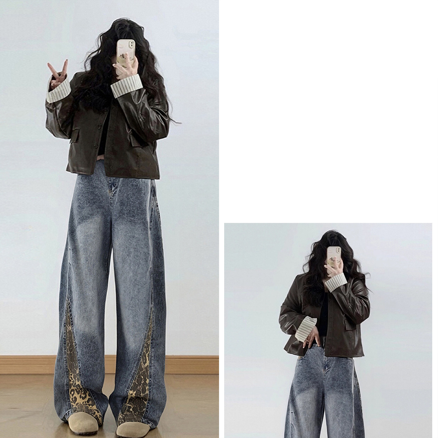 大码女装美式高街蓝色牛仔裤女胖mm豹纹拼接高腰宽松显瘦阔腿裤子,淘宝优惠券,粉丝福利购,淘宝优惠卷