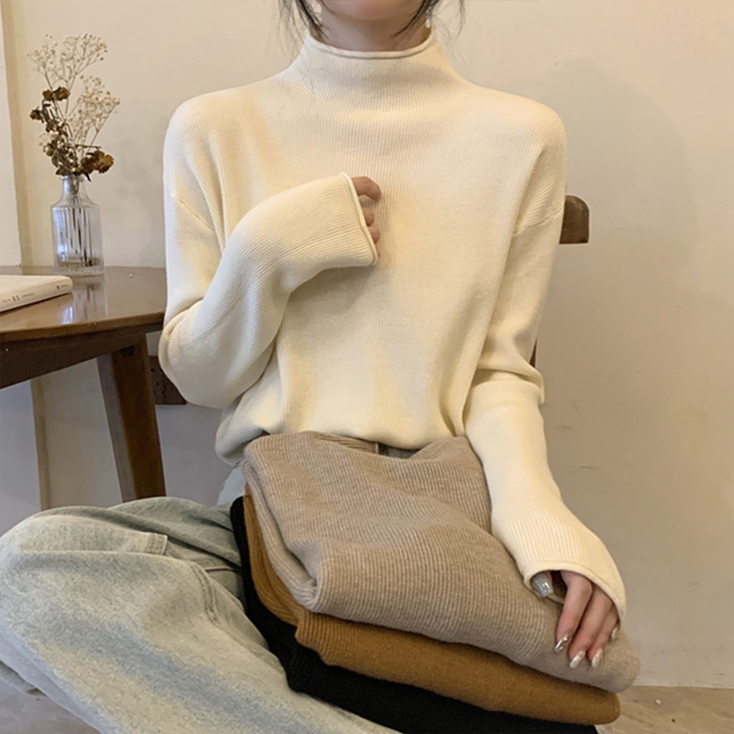 大码胖mm黑色显瘦针织打底衫毛衣女冬季保暖半高领设计感加厚上衣,淘宝优惠券,粉丝福利购,淘宝优惠卷