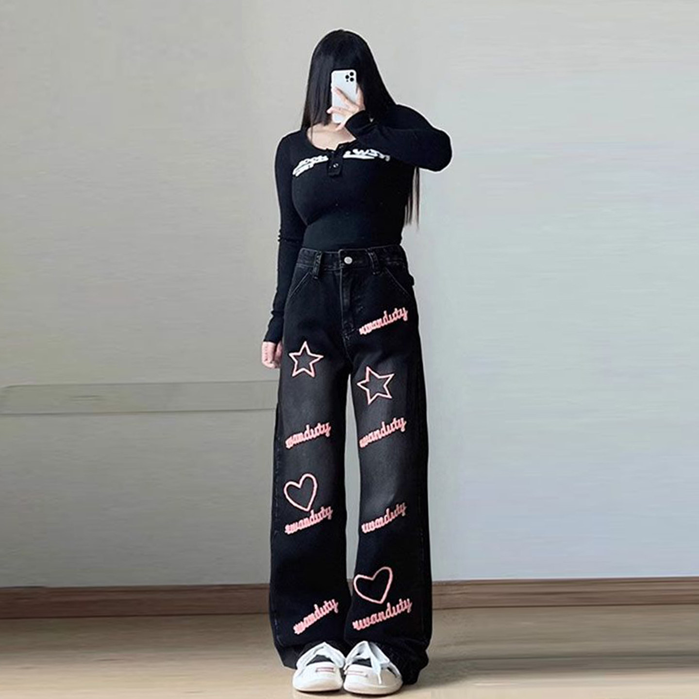 特大码女装韩版宽松黑色牛仔裤女2025新款小个子显瘦百搭阔腿裤子,淘宝优惠券,粉丝福利购,淘宝优惠卷