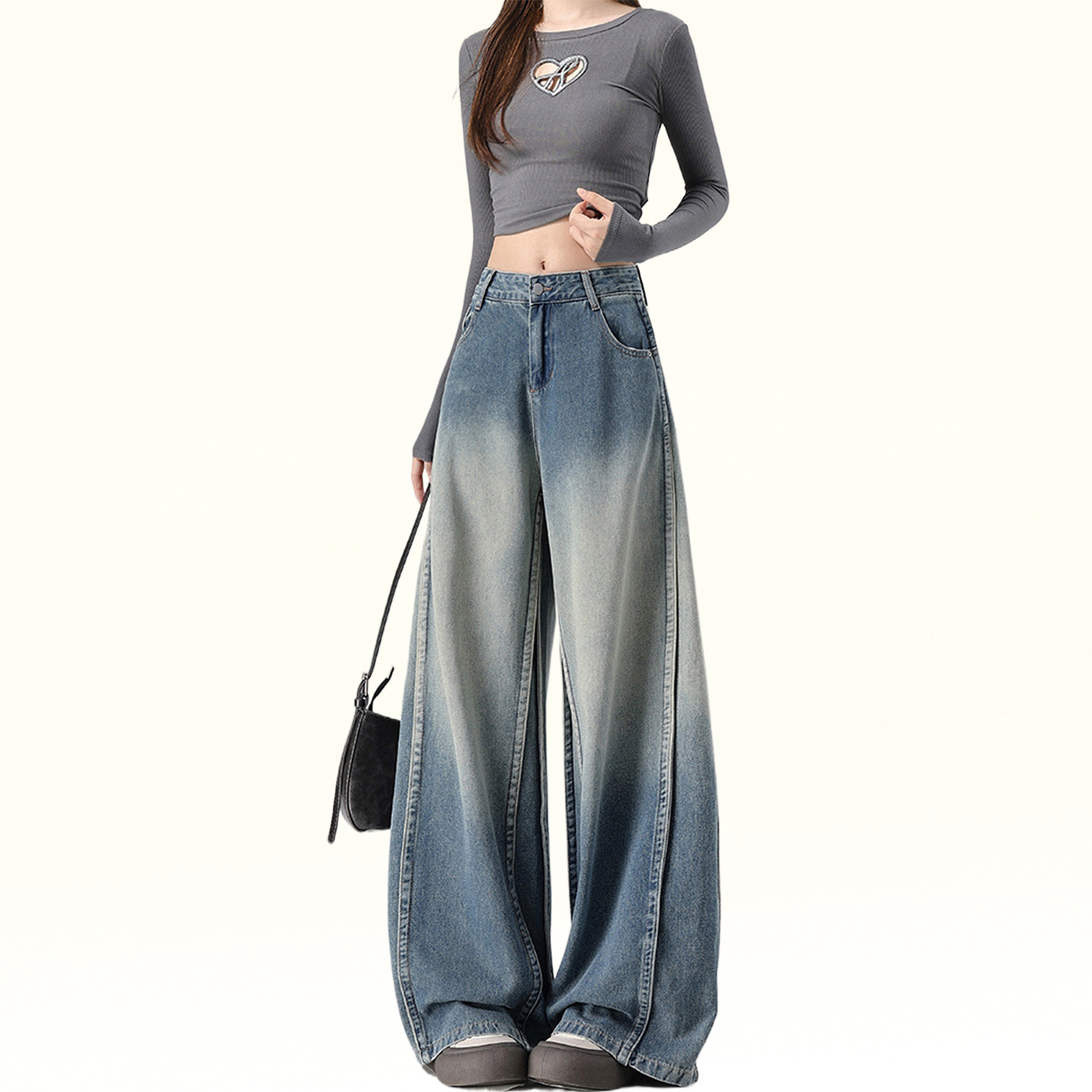 300斤胖mm大码韩系穿搭渐变牛仔裤女美式松弛感显瘦弯刀阔腿裤子,淘宝优惠券,粉丝福利购,淘宝优惠卷