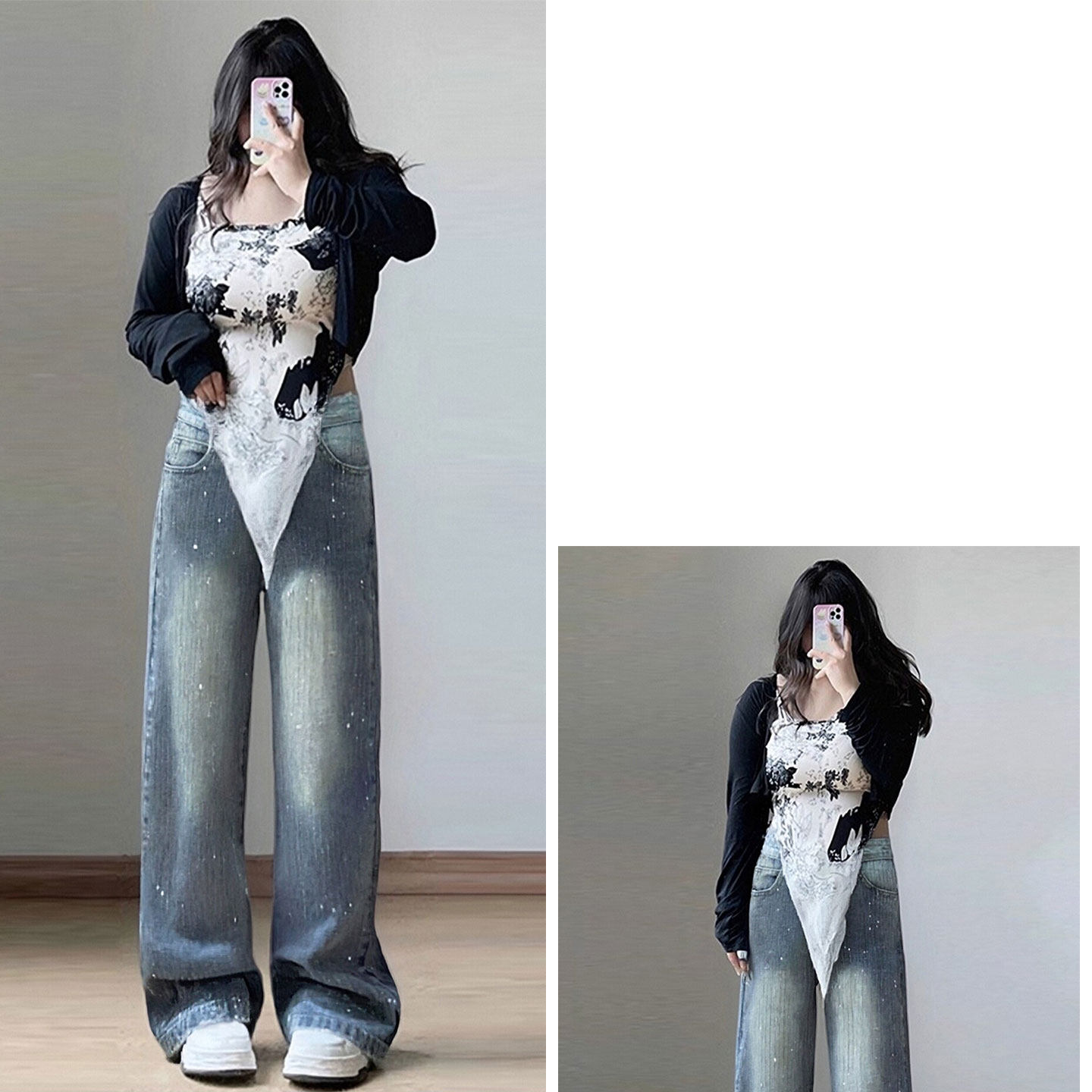 大码胖mm美式ins高街蓝色牛仔裤女2025新款高腰显瘦烫钻阔腿裤子,淘宝优惠券,粉丝福利购,淘宝优惠卷