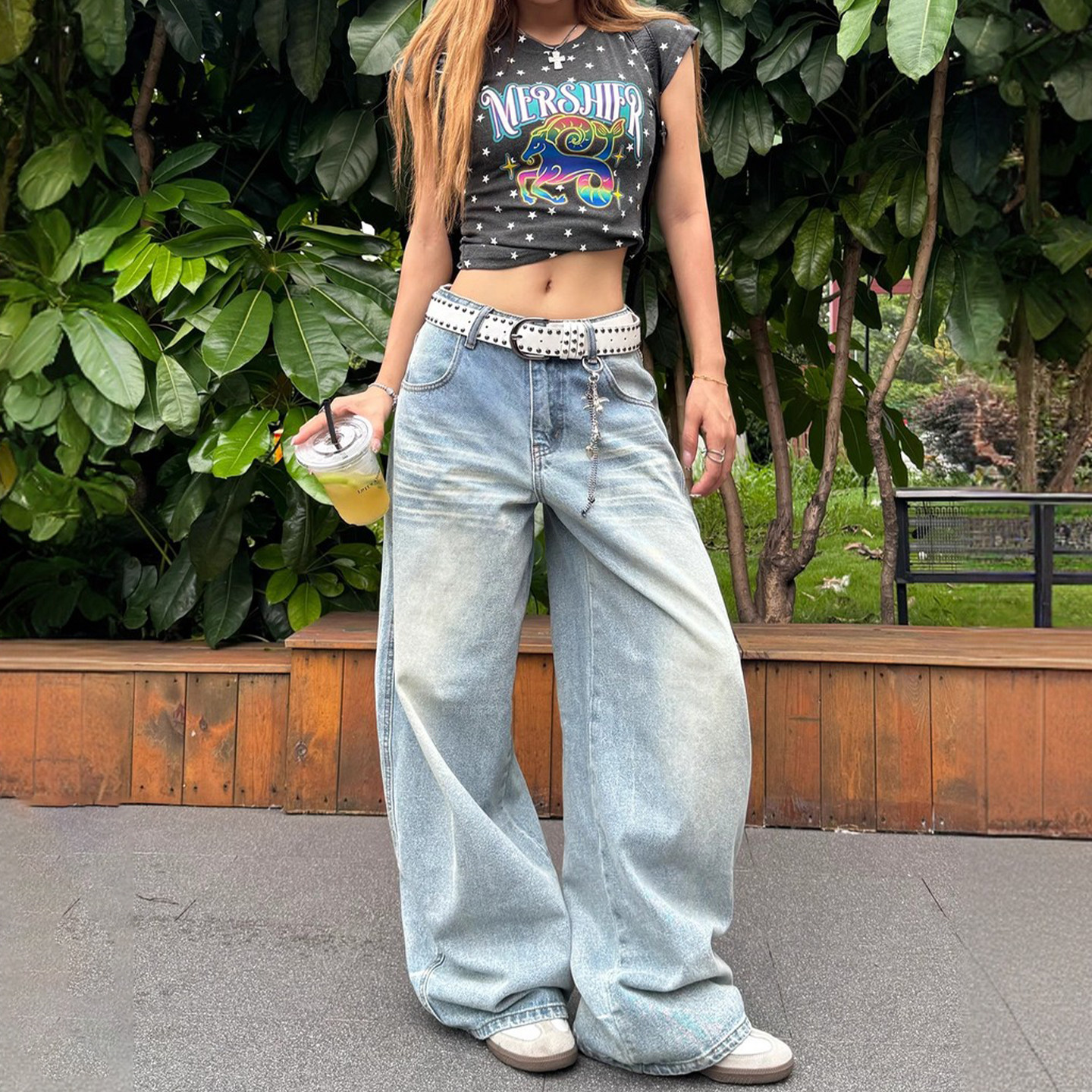 特大码美式复古水洗做旧辣妹风牛仔裤女胖mm蓝色休闲百搭阔腿裤子,淘宝优惠券,粉丝福利购,淘宝优惠卷