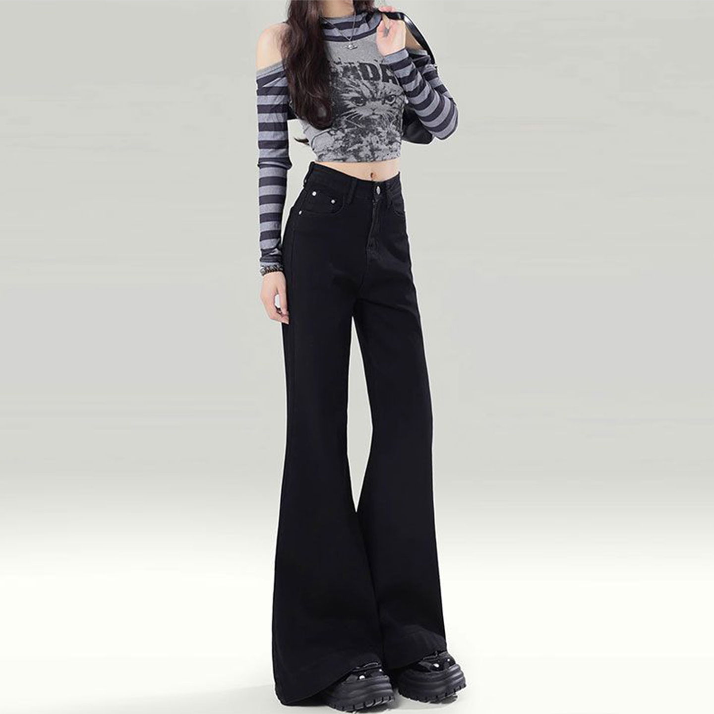 特大码黑色加绒加厚微喇牛仔裤女胖mm弹力显瘦垂坠感保暖喇叭裤子 - 图3