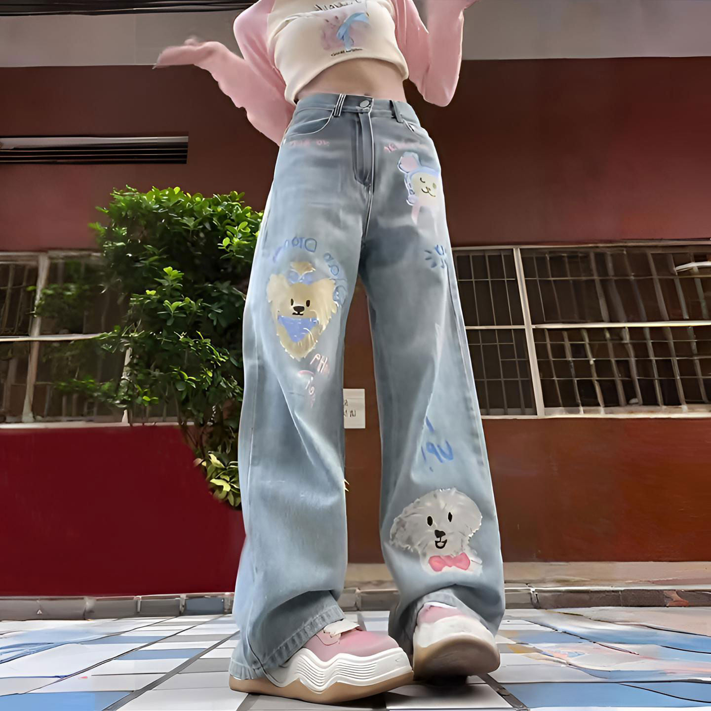 胖mm特大码女装美式卡通印花牛仔裤女韩系学院风显瘦垂感直筒裤子,淘宝优惠券,粉丝福利购,淘宝优惠卷