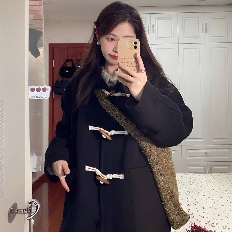 大码女装胖mm黑色牛角扣呢子大衣女高级感长款过膝气质毛呢外套潮,淘宝优惠券,粉丝福利购,淘宝优惠卷