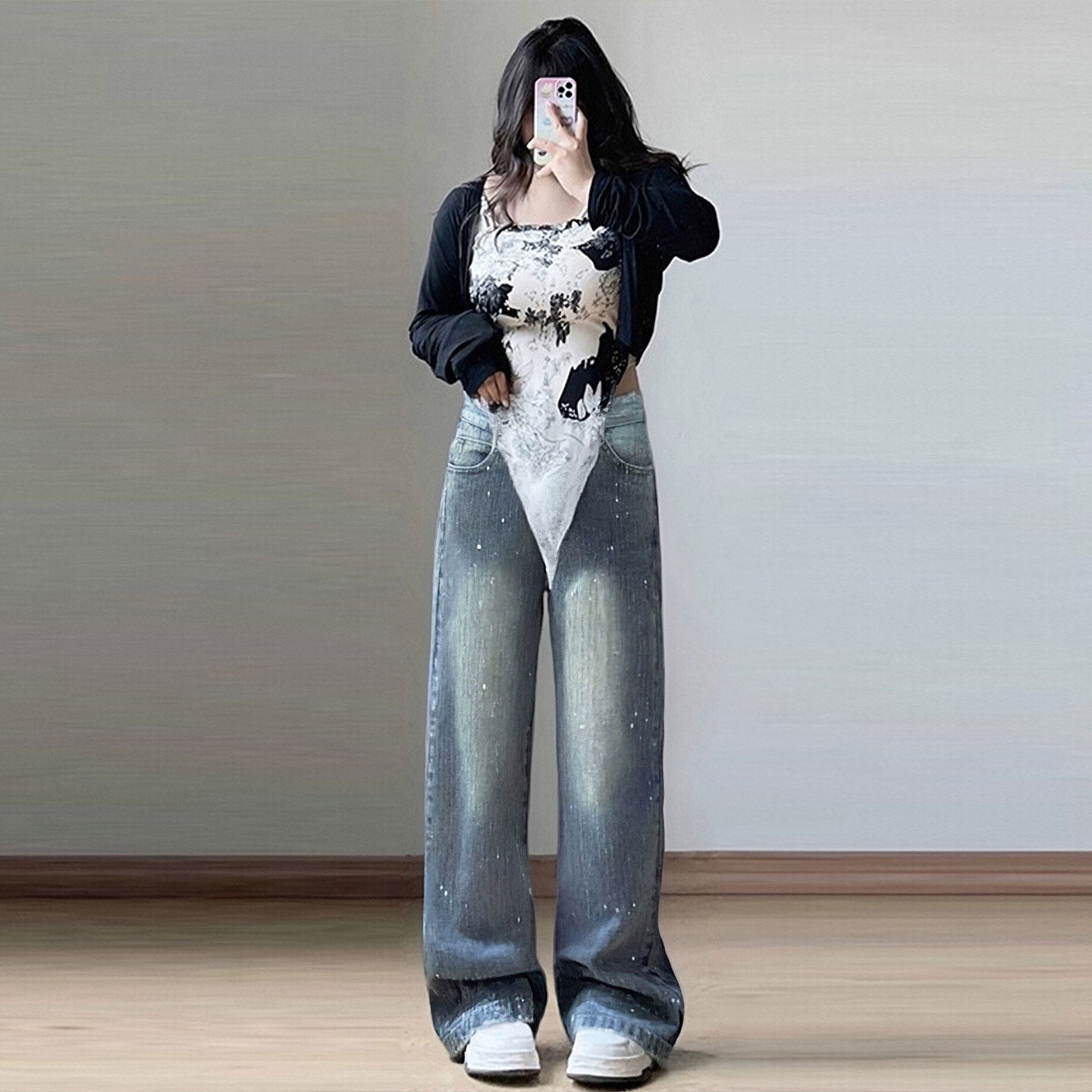 大码胖mm美式ins高街蓝色牛仔裤女2025新款高腰显瘦烫钻阔腿裤子,淘宝优惠券,粉丝福利购,淘宝优惠卷