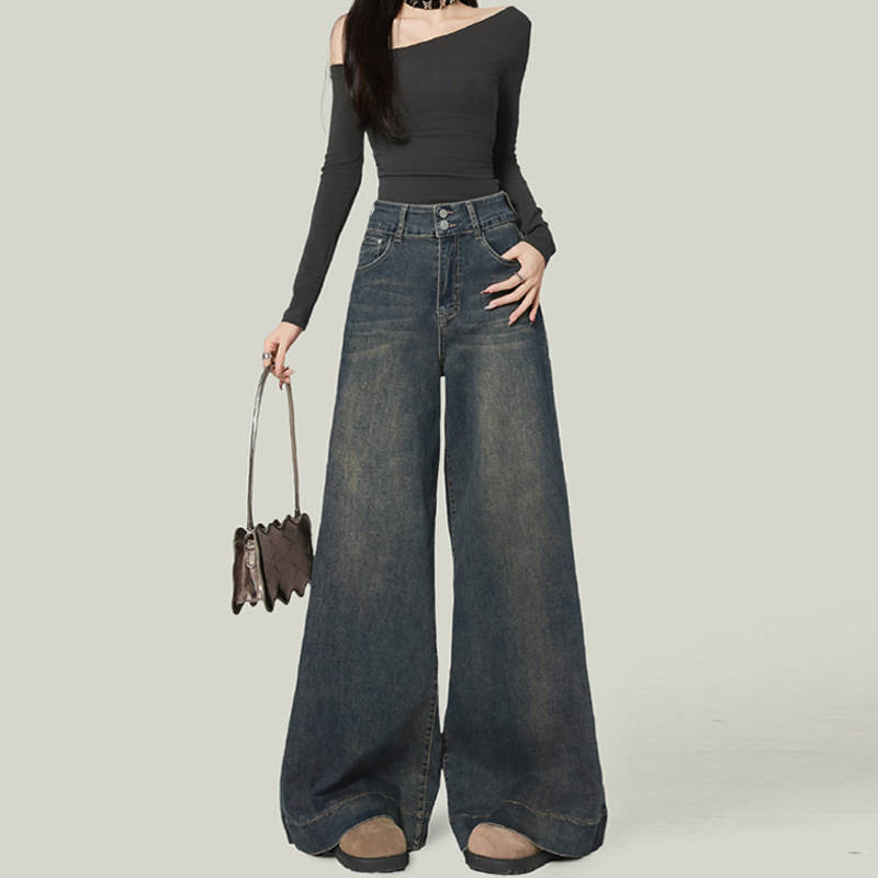 大码女装胖mm复古做旧直筒牛仔裤女新款裤子弹力显瘦设计感阔腿裤,淘宝优惠券,粉丝福利购,淘宝优惠卷