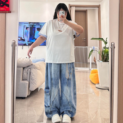 胖mm300斤大码女装美式复古工装牛仔裤女秋季高街宽松弯刀裤女裤 - 图2
