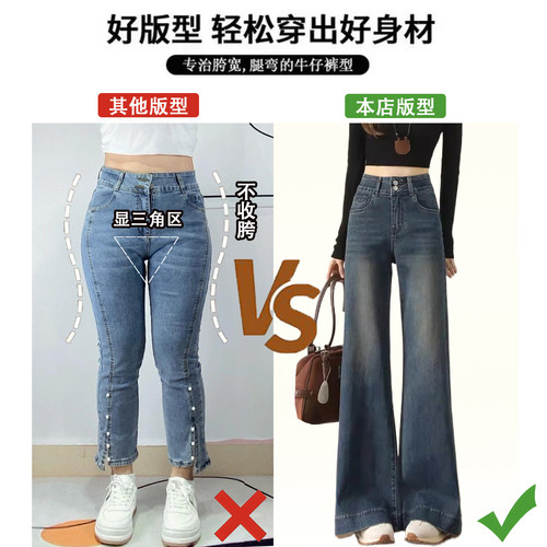 300斤大码女装加绒加厚阔腿牛仔裤胖mm复古蓝弹力显瘦百搭裤子女 - 图0