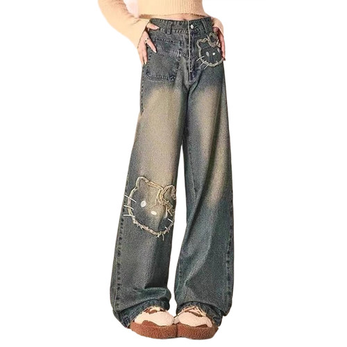 胖mm大码女装复古卡通猫咪刺绣牛仔裤女秋季加绒裤子学生阔腿长裤 - 图3