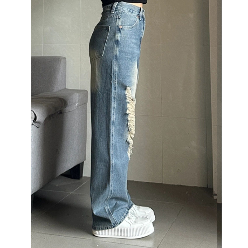 300斤特大码复古破洞高腰牛仔裤女300斤胖mm夏薄款显瘦宽松阔腿裤 - 图1