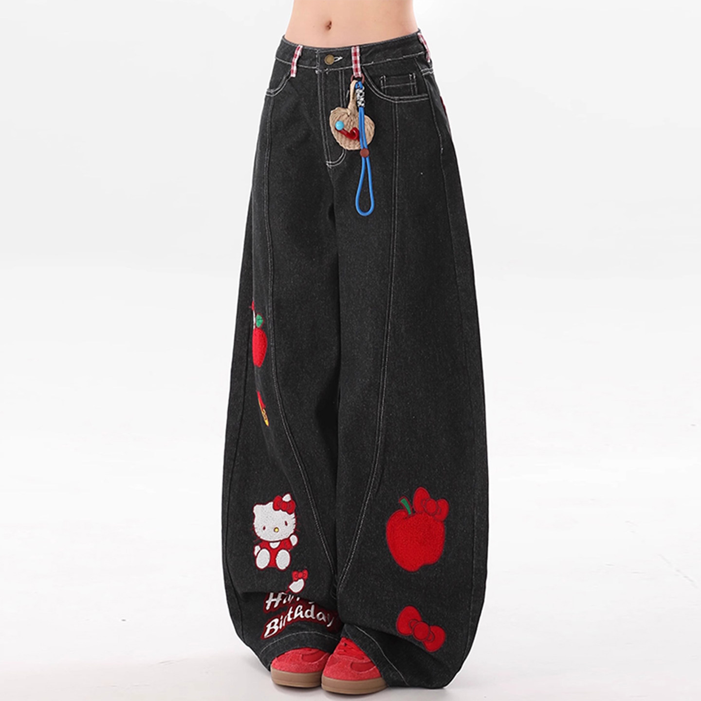 300斤特大码高腰显瘦牛仔裤女胖mm卡通kt猫刺绣宽松阔腿弯刀裤子,淘宝优惠券,粉丝福利购,淘宝优惠卷