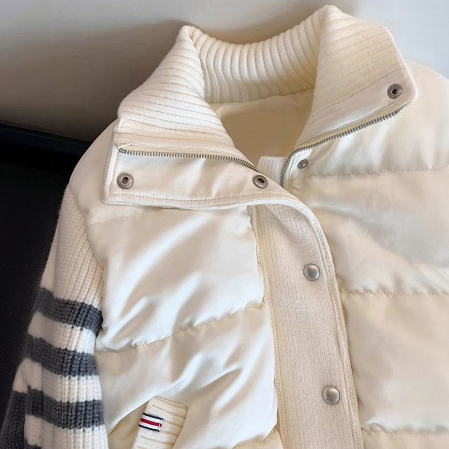 大码女装胖mm韩系针织拼接棉服外套女胖mm休闲百搭慵懒风立领上衣 - 图0