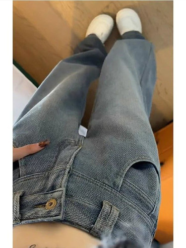 胖mm加绒麦穗裤秋冬新款显瘦牛仔裤大码女装蓝色休闲阔腿裤子女裤 - 图3