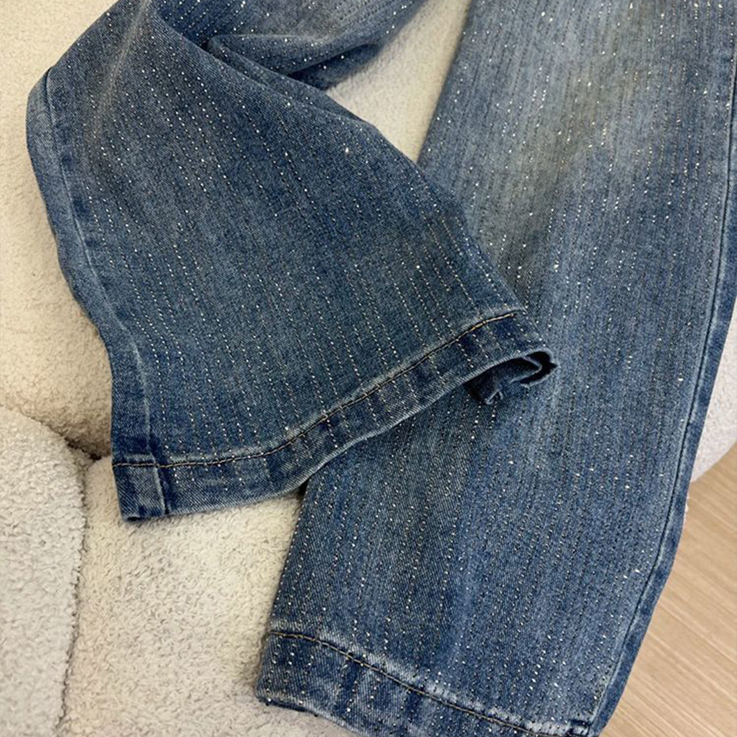 300斤大码女装美式重工烫钻蓝色牛仔裤女胖mm宽松设计感直筒裤子,淘宝优惠券,粉丝福利购,淘宝优惠卷