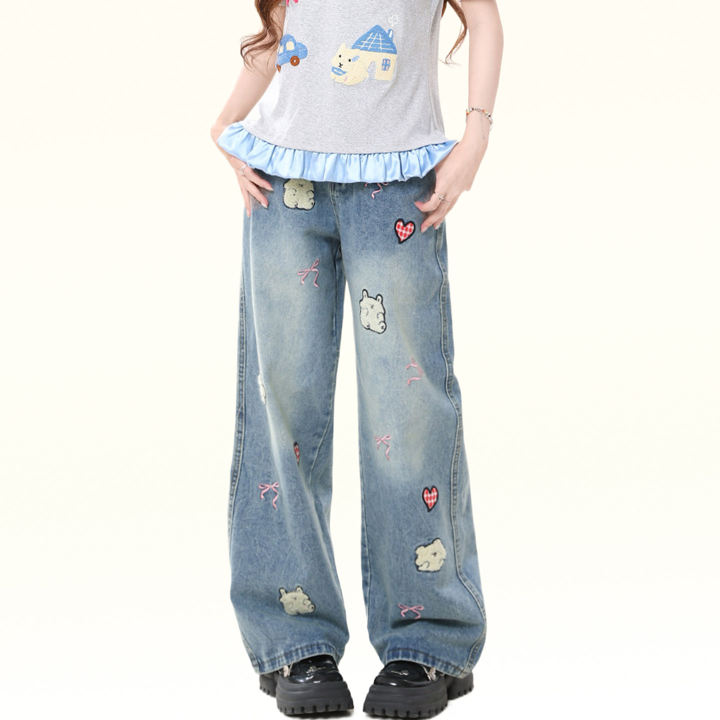 大码女装胖mm个性ins趣味刺绣牛仔裤女小个子宽松显瘦阔腿长裤子,淘宝优惠券,粉丝福利购,淘宝优惠卷