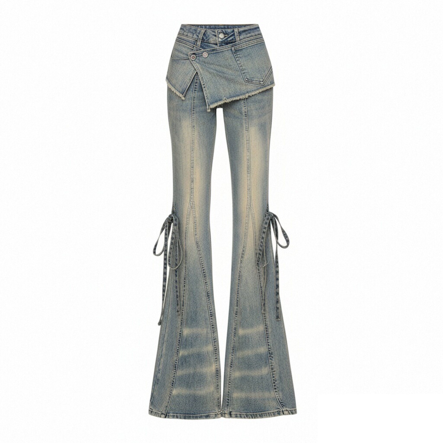 大码女装美式高街弹力牛仔裤女胖mm复古辣妹风假两件设计微喇裤子,淘宝优惠券,粉丝福利购,淘宝优惠卷