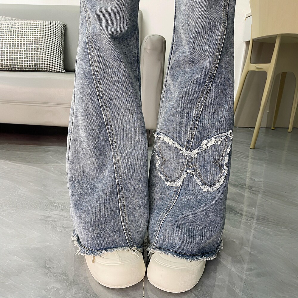 特大码美式蝴蝶刺绣微喇牛仔裤女胖mm学生女裤子高腰显瘦喇叭长裤,淘宝优惠券,粉丝福利购,淘宝优惠卷