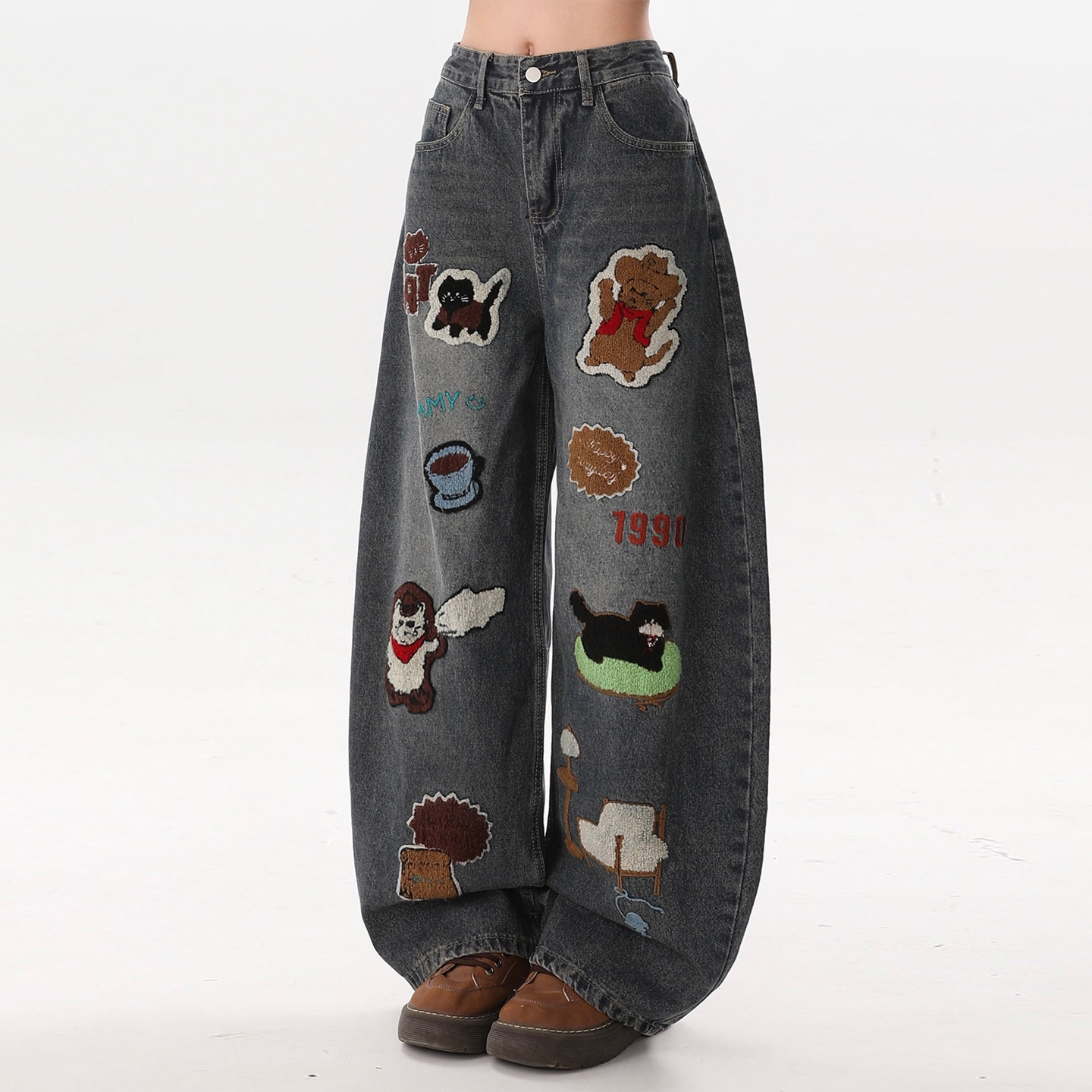 特大码胖mm复古辣妹卡通刺绣牛仔裤女秋季高街风小众弯刀阔腿裤子,淘宝优惠券,粉丝福利购,淘宝优惠卷