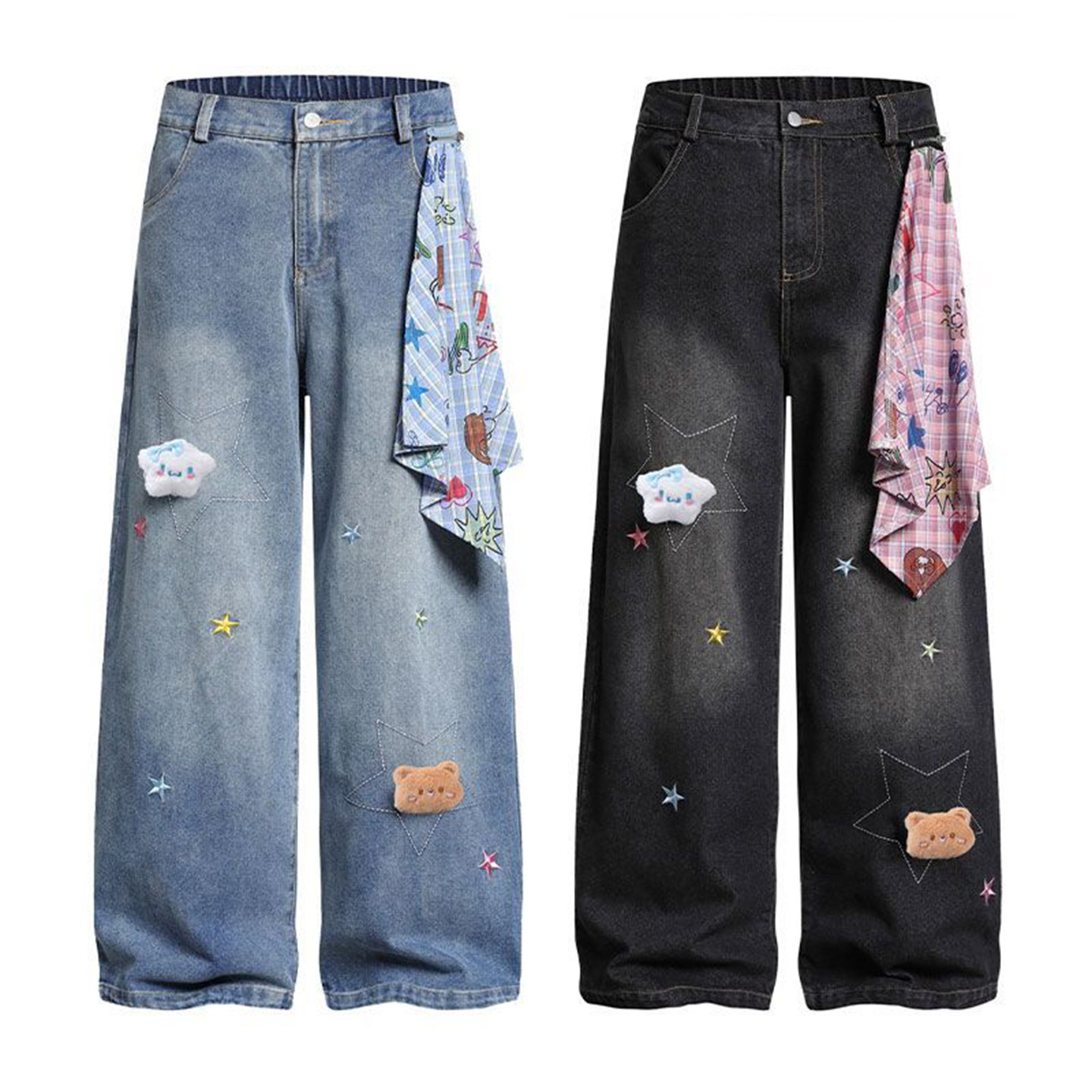 300斤大码女装美式小熊刺绣牛仔裤女胖mm秋季废土风做旧阔腿裤子,淘宝优惠券,粉丝福利购,淘宝优惠卷
