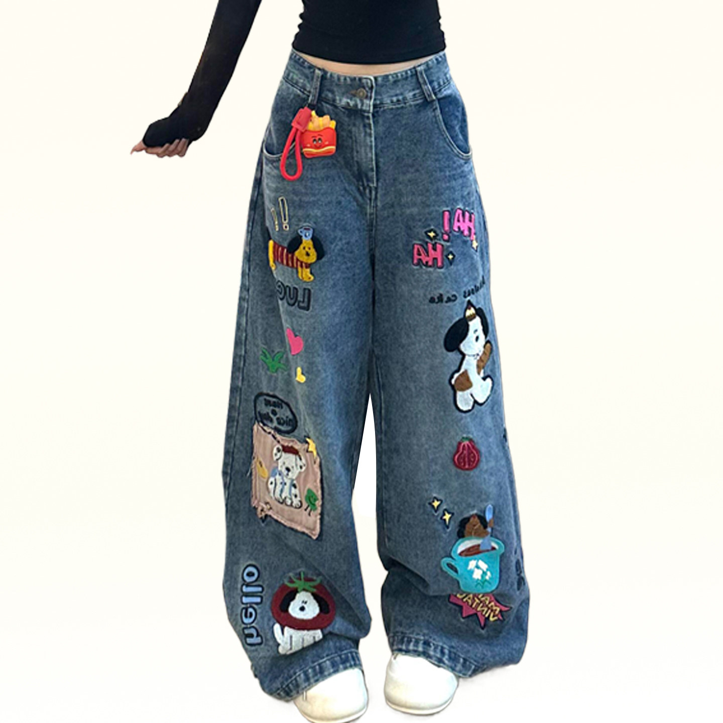 300斤特大码女装美式卡通刺绣牛仔裤女胖mm学生加绒加厚阔腿裤子,淘宝优惠券,粉丝福利购,淘宝优惠卷