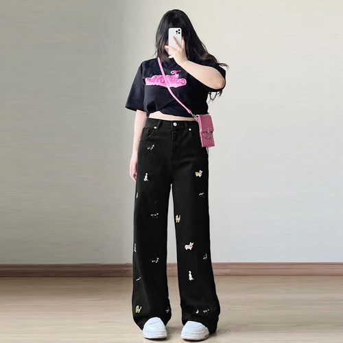 大码胖mm黑色牛仔裤女超火的趣味小狗刺绣裤子加绒宽松直筒长裤子 - 图2