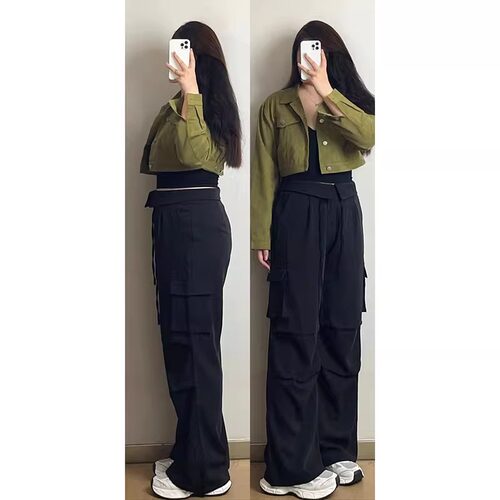 300斤大码女装美式阔腿工装裤女夏季新款裤子宽松垂感直筒休闲裤 - 图2