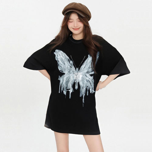 大码女装胖mm黑色蝴蝶印花短袖t恤女2026新款绝美巨好看的小上衣 - 图1