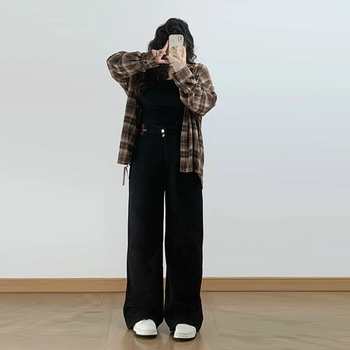 大码女装胖mm黑色直筒牛仔裤女秋冬新款裤子宽松显瘦百搭加绒女裤 - 图0