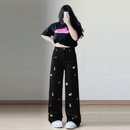 大码胖mm黑色牛仔裤女超火的趣味小狗刺绣裤子加绒宽松直筒长裤子 - 图0