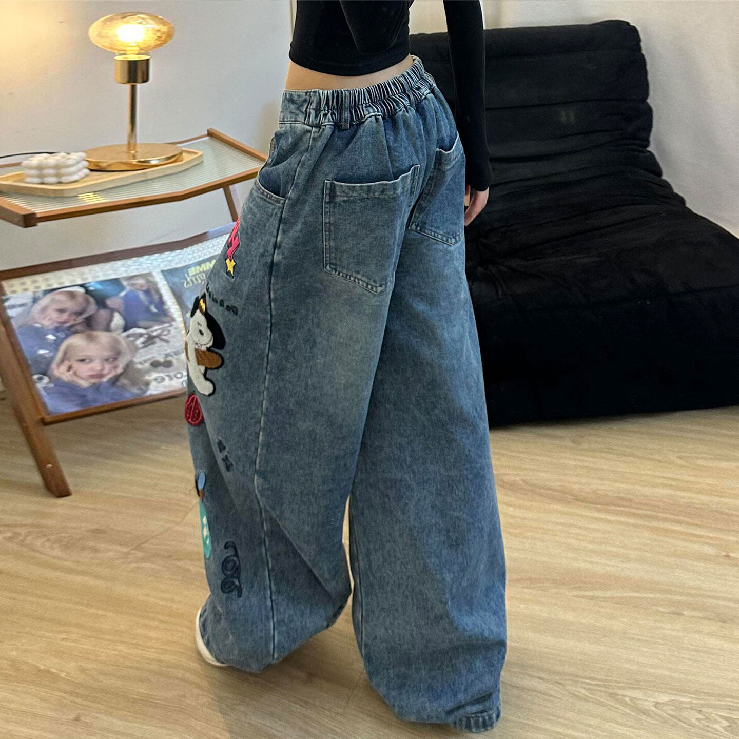 300斤特大码女装蓝色卡通刺绣牛仔裤女胖mm宽松休闲百搭阔腿裤子,淘宝优惠券,粉丝福利购,淘宝优惠卷
