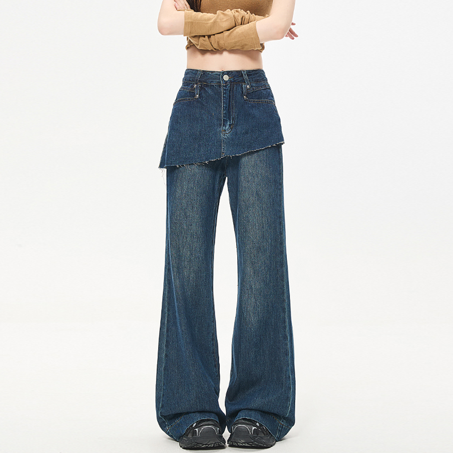 300斤特大码毛边微喇牛仔裤女胖mm宽松不贴腿假两件屁帘喇叭裤子 - 图3