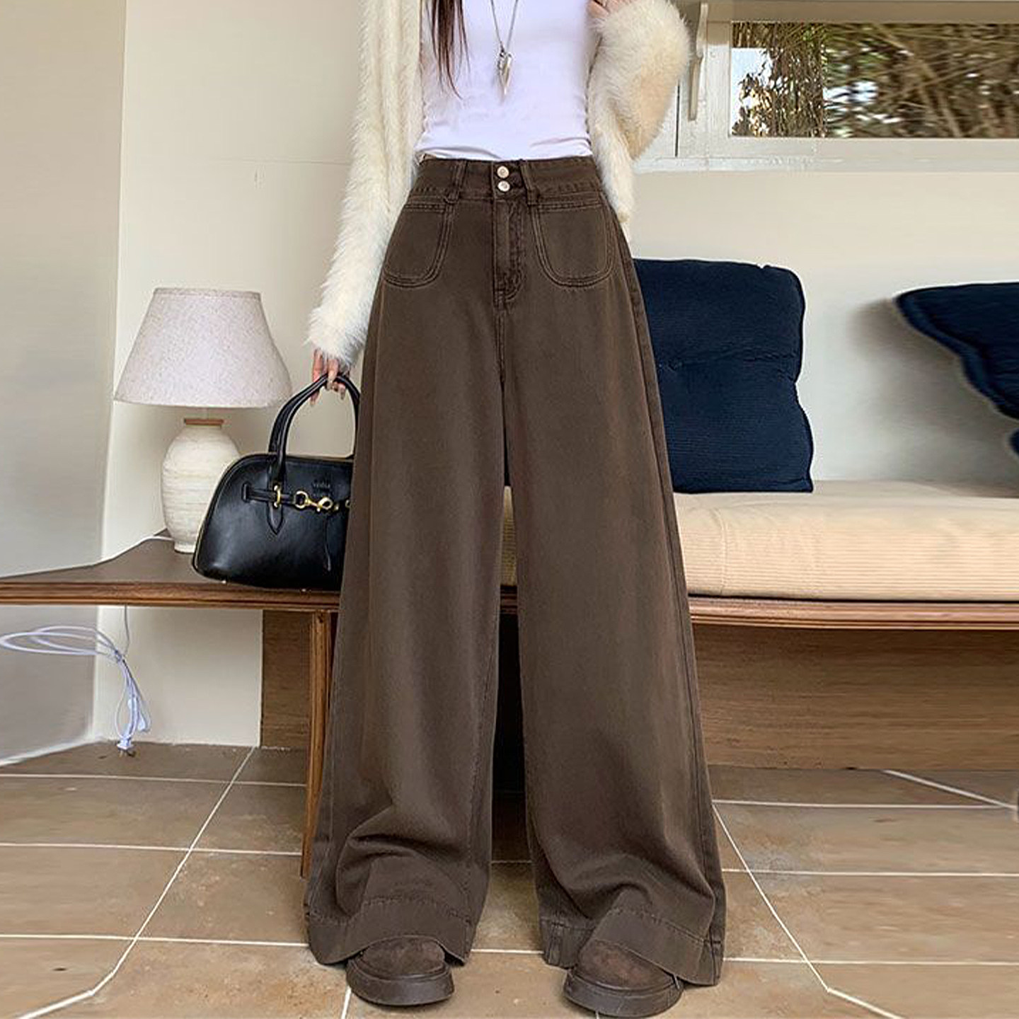 300斤大码女装咖色高腰显瘦牛仔裤女胖mm美拉德垂感百搭阔腿裤子,淘宝优惠券,粉丝福利购,淘宝优惠卷